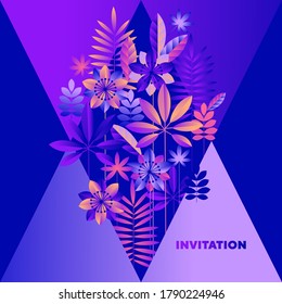Vivid violet and orange RGB colors abstract tropical plant card. Geometric exotic nature vector. Design element for web banners, posters, cards, wallpapers, backdrops, panels.