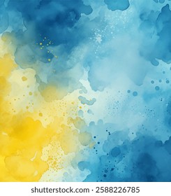 A vivid watercolor backdrop features blended hues of blue and yellow, evoking a calming feeling. This art piece can be used for creative projects, invitations, or website designs