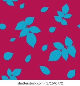 Vivid wine and blue colored seamless pattern with raspberry leaves. Plain shadeless background with blackberry or raspberry leaves for decoration.