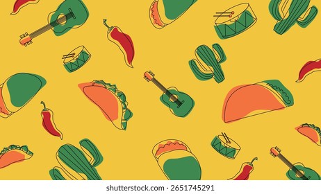 Vivid yellow background featuring guitars, tacos, cactuses, chilies, and drums, ideal for music and food events or cultural themes.