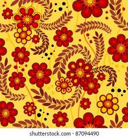 Vivid yellow seamless floral pattern with spots and wavy lines