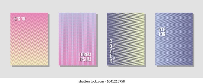 Vivid zig zag banner templates, wavy lines gradient stripes backgrounds for business cover. Curve shapes stripes, zig zag edge lines halftone texture gradient flyers purple violet collection.