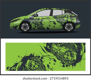 Un coche de colores vivos que muestra un diseño envolvente verde y negro llamativo, abstracto y dinámico.