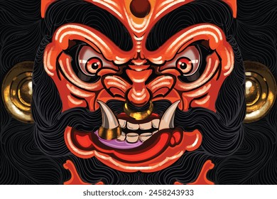  A vividly colored Indian bengali purulia chhau  mask dominates the foreground, its features exaggerated with bold lines and intense expressions, representing a mythical ogre or demon from folklore. 