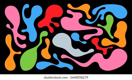 Vividly colored irregular shapes in shades of red, blue, pink, green, and orange blend together, forming an abstract composition on a black canvas that captures attention.