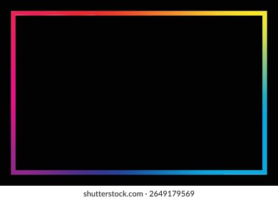 A vividly colored rectangular frame with a gradient spectrum runs along the edge of a black backdrop, creating a striking contrast. An abstract design element.
