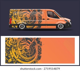 A vividly colored van displays a complex clockwork graphic wrap, creating a unique vehicle aesthetic.
