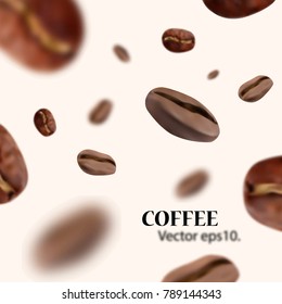 Vividly flying realistic coffee beans with blur effect. White background. Vector illustration.