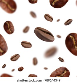 Vividly flying seamless realistic coffee beans with blur effect. White background. Vector illustration.