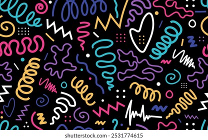 Vivied line doodle seamless pattern trendy 90s retro style kids party confetti texture childish scribble backdrop repeatable grid wallpaper