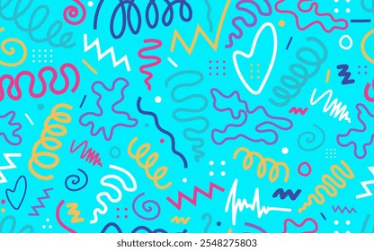Línea vivida doodle patrón sin fisuras 90s 80s 70s estilo retro color vintage confeti textura garabato infantil ornamental decorativo telón de fondo