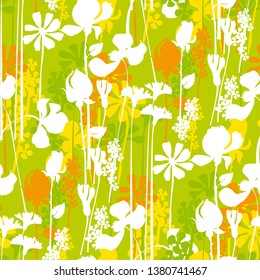 Vivivd green summer meadow seamless pattern. Decorative silhouette of wild flowers. Floral repeatable motif for wrapping paper, textile, fabric, wed and print surface design.