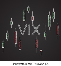 VIX - s p500 volatility index, fear index on stock exchanges drawn in chalk on a blackboard with a chart of Japanese candlesticks, vector business illustration