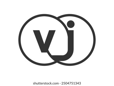 VJ business company emblem with outline rounds and letters v j. Logo template of two merged circles for brand identity, logotype. Vector Infinity symbol  and technology sign.