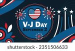 V-J day  vector banner design with geometric shapes and vibrant colors on a horizontal background. Happy V-J day modern minimal poster.