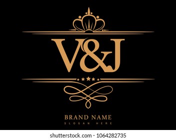 V&J Initial logo, Ampersand initial logo gold with crown and classic pattern