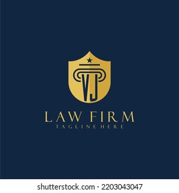 Logotipo de firma de ley elegante en monograma inicial de VJ con diseño de imagen de pilar y escudo