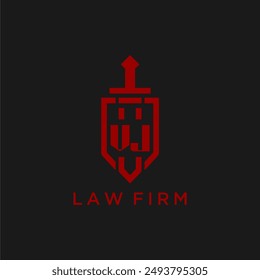 VJ initial monogram for law firm with sword and shield logo image