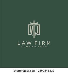 VJ initial monogram for law firm with sword and shield logo image