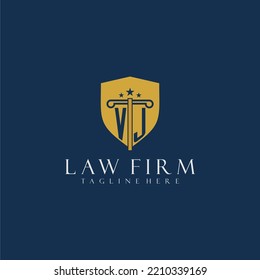 VJ initial monogram lawfirm logo with pillar and shield design