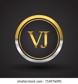VJ Letter logo in a circle, gold and silver colored. Vector design template elements for your business or company identity.