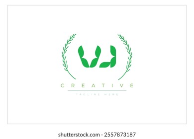 VJ letters eco logo with leaf. Fresh nature and healthy leaf logo design.