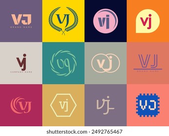 VJ logo company template. Letter v and j logotype. Set different classic serif lettering and modern bold text with design elements. Initial font typography. Collection trendy business identity.