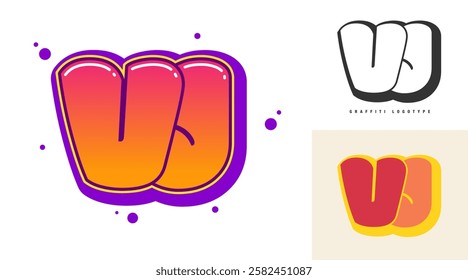 VJ logo design for festival or party. Initial letter v and j in graffiti style. Creative modern lettering company name of font typography. Kids trendy logotype or identity. Vector illustration.