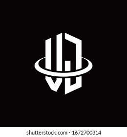 Logotipo de monograma VJ en forma de hexágono y rodeado por un anillo