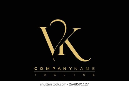 VK Abstract Creative Jewelry Logo (em inglês). Um logotipo elegante com iniciais de monograma dourado em uma tipografia elegante e moderna, perfeito para a marca