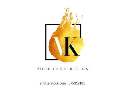 VK Gold Letter Brush Logo. Golden Painted Watercolor Background with Square Frame Vector Illustration.