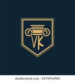 Logo de la firma de abogados de VK Initials con elemento de ley creativo