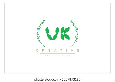 VK letters eco logo with leaf. Fresh nature and healthy leaf logo design.