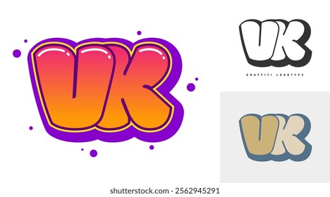 VK logo design for festival or party. Initial letter v and k in graffiti style. Creative modern lettering company name of font typography. Kids trendy logotype or identity. Vector illustration.