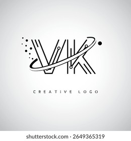 Logotipo de Monograma de Órbita VK - Marca de Letra Mínima Futurista com Linha de Arte Circular, Pontos Inspirados na Tecnologia e Conceito de Movimento Espacial para Identidade de Marca Moderna