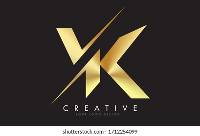 VK V K Golden Letter Logo Design with a Creative Cut. Creative logo design with Black Background.