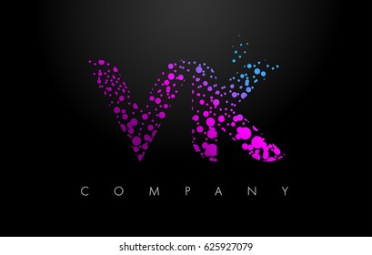 VK V K Letter Logo with Purple Blue Particles and Bubble Dots Design Vector.