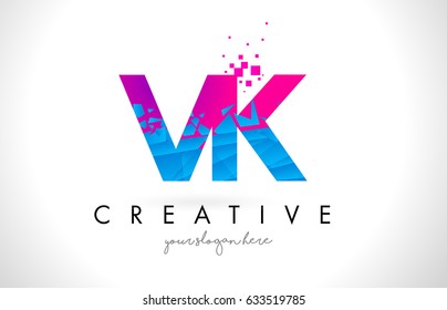 VK V K Letter Logo with Broken Shattered Blue Pink Triangles Texture Design Vector Illustration.