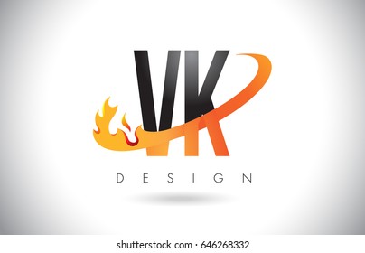 VK V K Letter Logo Design with Fire Flames and Orange Swoosh Vector Illustration.
