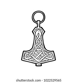 Vking hammer thor amulet with runes. Vintage vector black engraving illustration. Isolated on white background. Hand drawn design element for poster, label, tattoo