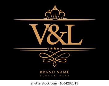 V&L Initial logo, Ampersand initial logo gold with crown and classic pattern