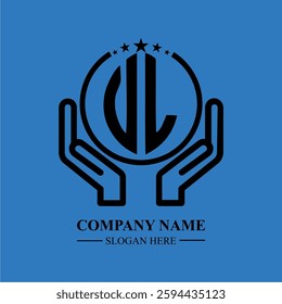 VL initials held within hands, symbolizing trust and protection. The circle represents unity, while stars highlight excellence and ambition.
