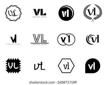 VL logo company template. Letter v and l logotype. Set different classic serif lettering and modern bold text with design elements. Initial font typography.