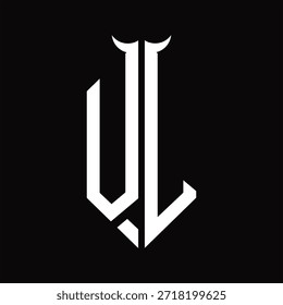 VL Logo-Monogramm mit Hornform, einzelne schwarz-weiße Designvorlage auf schwarzem Hintergrund