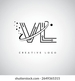 Logotipo de Monograma de Órbita VL - Marca de Letra Mínima Futurista com Linha de Arte Circular, Pontos Inspirados na Tecnologia e Conceito de Movimento Espacial para Identidade de Marca Moderna