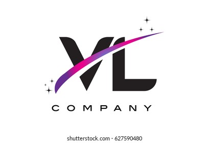 VL V L Black Letter Logo Design with Purple Magenta Swoosh and Stars.