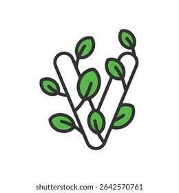 V-label, icon in line design, green. V-label, vegan, vegetarian, certification, food-label, plant-based, approved on white background vector. V-label, editable stroke icon