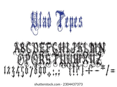 Vlad Tepes font design, set of alphabet letters and numbers vector illustration