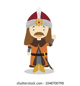 Vlad VIII the Impaler (Vlad Dracula) cartoon character. Vector Illustration. Kids History Collection.