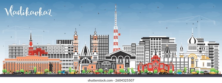 Vladikavkaz Russia city skyline with color buildings and blue sky. Vector illustration. Vladikavkaz cityscape with landmarks. Business travel and tourism concept with modern and historic architecture.